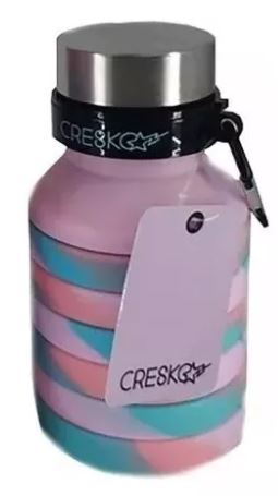 BOTELLA SILICONA PLEGABLE ROSA/TURQUESA TAPA ACERO