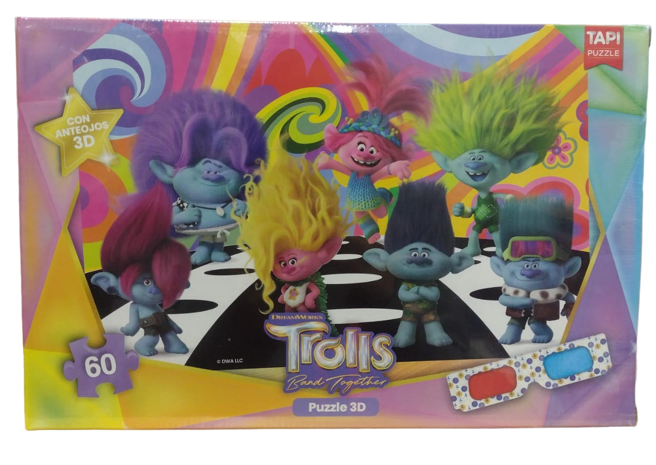 PUZZLE 3D 60PZS CON ANTEOJOS TROLLS