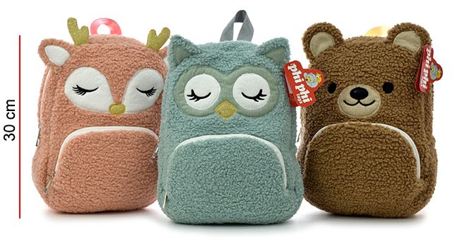 MOCHILA ANIMALES 30CM CON BOLSILLO - 3 MODELOS