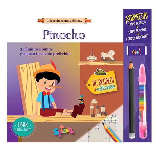 LIBRO PINOCHO CON CRAYON LAPIZ Y GOMA
