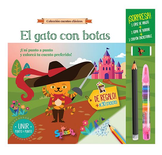 LIBRO EL GATO CON BOTAS CON CRAYON LAPIZ Y GOMA