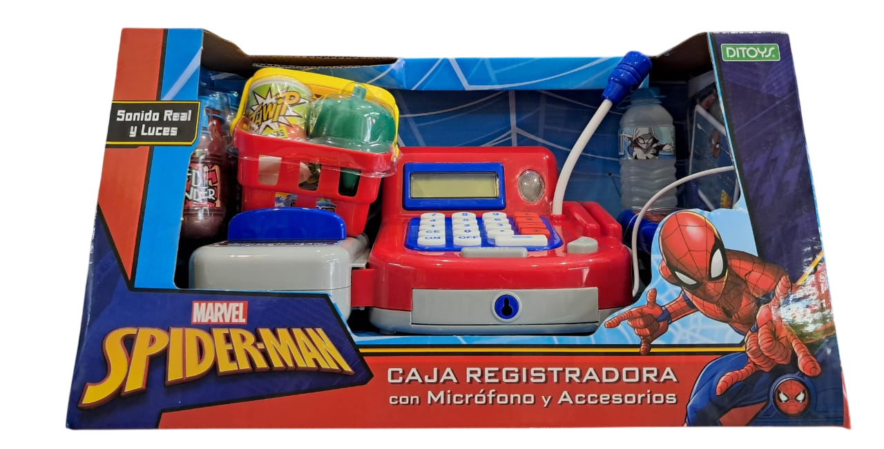 REGISTRADORA SPIDERMAN CON ACCESORIOS CON  LUZ Y SONIDO